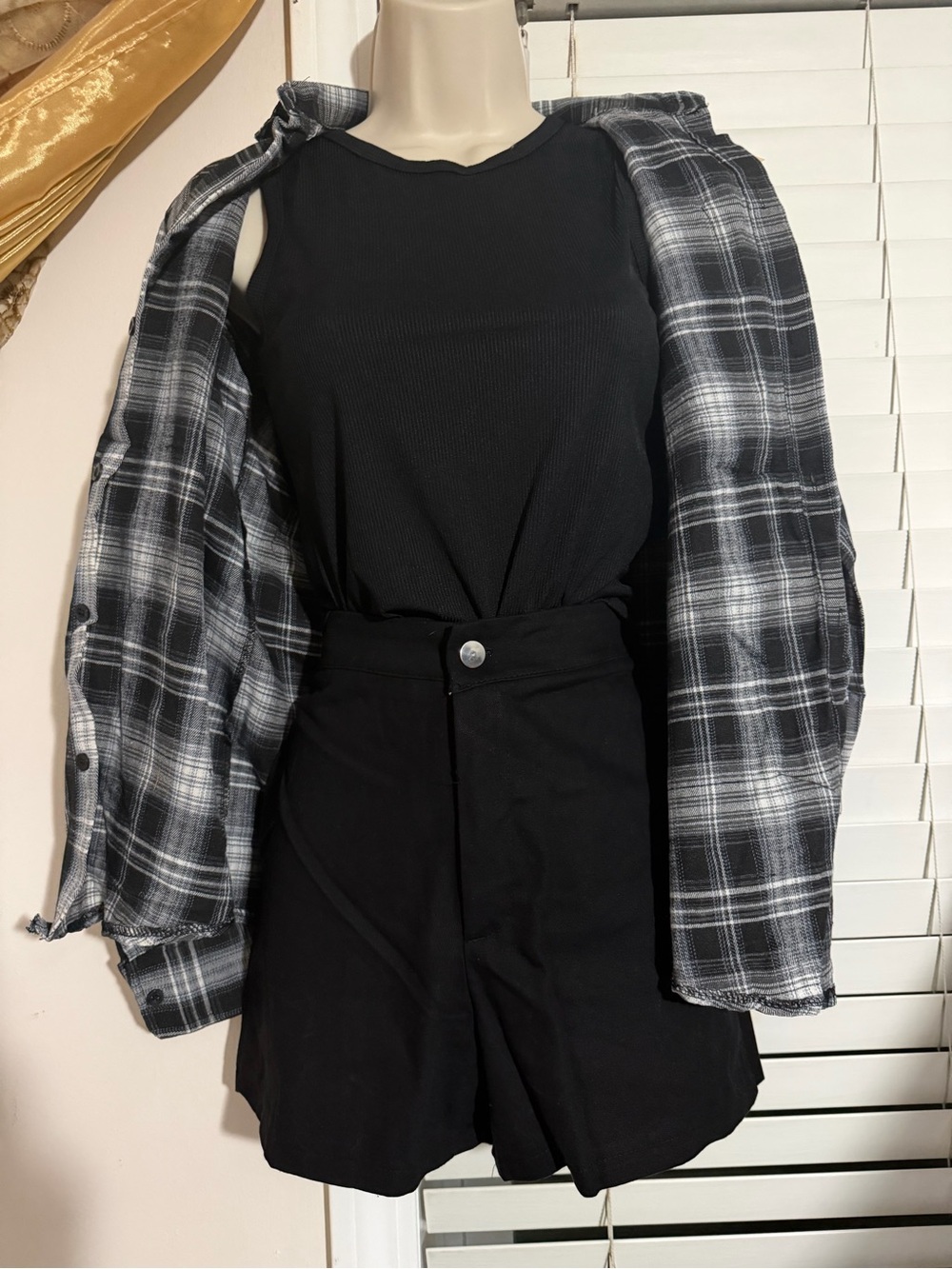 Black Ribbed Tank with High-Waist Black Shorts and Gray Plaid Button-Up